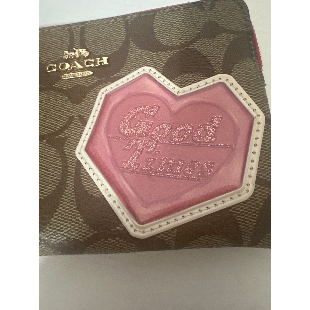 Coach Wristlet Brown Signature Good Times Heart Charm Zip Pouch Bag - Picture 3 of 8